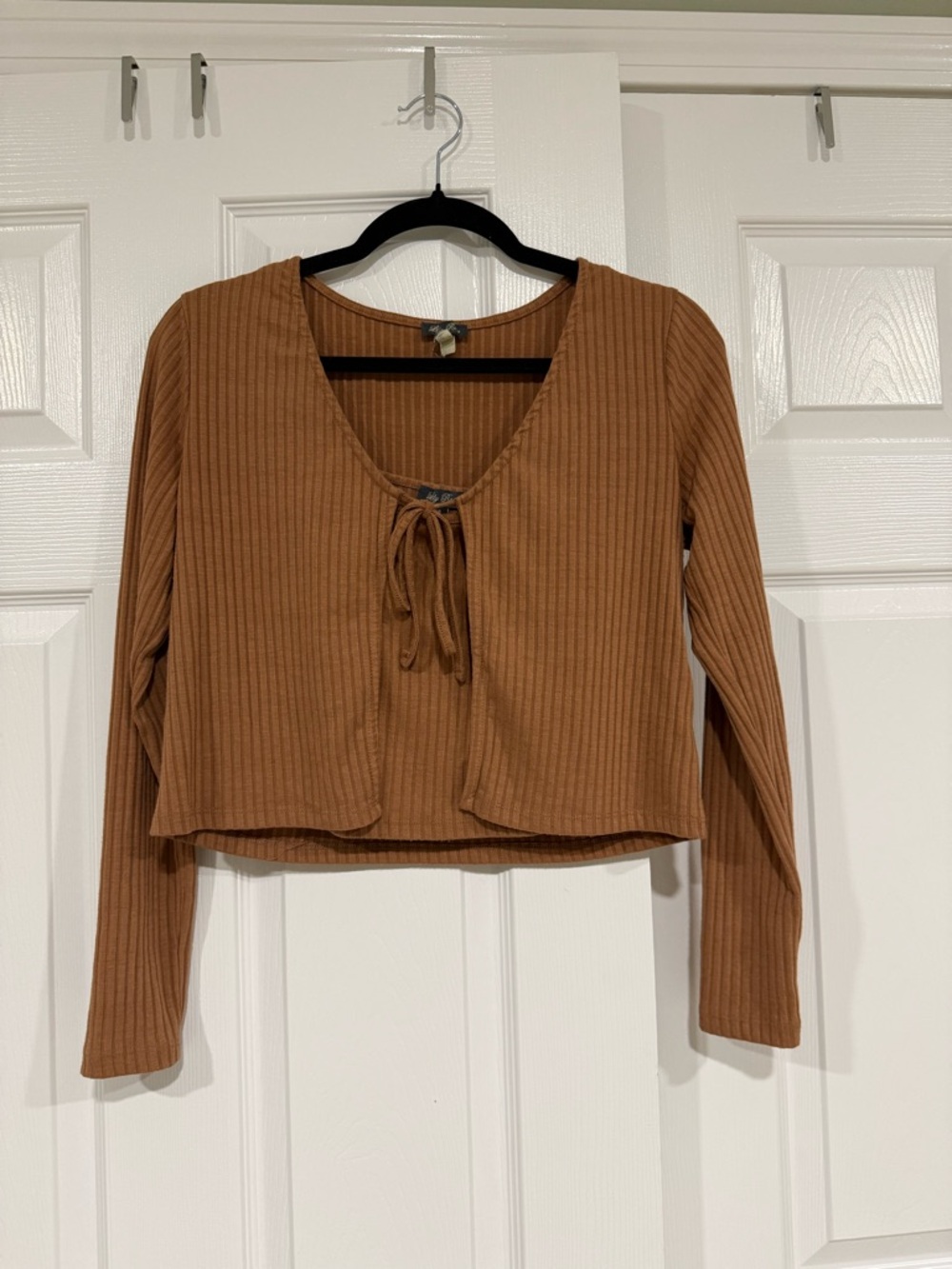 Lily Rose Ribbed Tie-Front Cardigan with Attached Top - Camel Brown